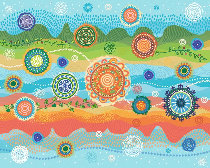 A painting of an artwork has multiple mandala designs in a multilayered wavy background which is similar to sky, greeneries, land, and water.