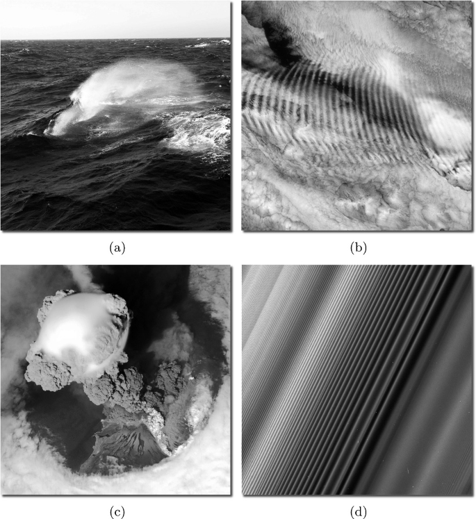 4 photographs are labeled from a to d. A. A photograph of sea waves created due to interaction of winds. B. A photograph of waves created due to rapidly rising air through convection. C. A photograph of a shockwave. D. A photograph of a wave structure in Saturn’s rings.