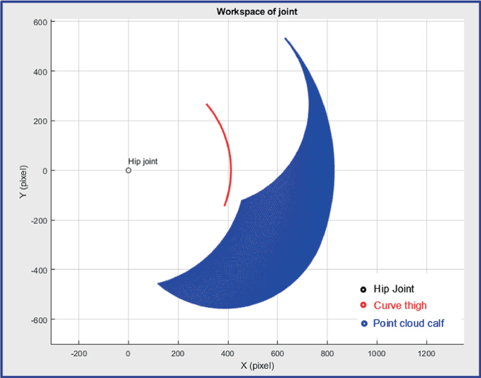 A combination graph titled workspace of the joint. A graph of Y versus X plots 3 plots. The highest values are as follows. Hip joint (0, 0), curve thigh (300, 260), point cloud calf (615, 530).