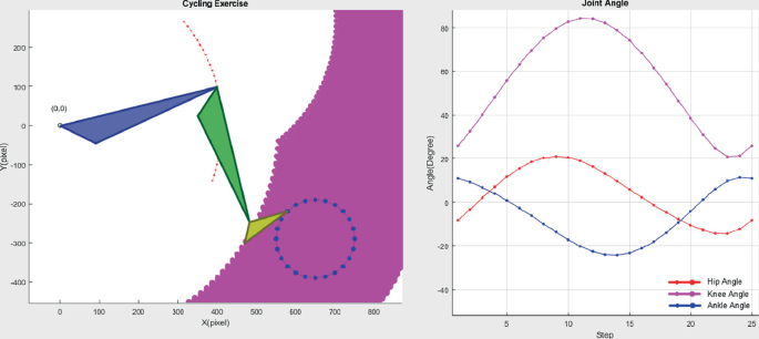 2 graphs. On the left, is a combination graph titled cycling exercise. It plots Y versus X. (670, 300) has the highest estimated value. On the right, a multi-line graph of angle versus step. Knee angle (12, 82) has the highest estimated value.