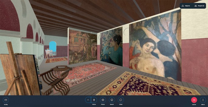 A screenshot of a V R environment with the interior view of Villa Storck's loggia. Arches with columns are on the left. 2 paintings on easels and a chair are placed on a wooden floor that has 3 carpets. The walls are covered with 3 large murals of people. The ceiling has wooden beams.