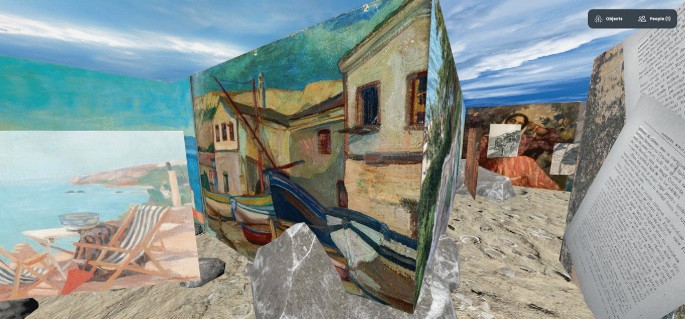 A screenshot of a V R environment with an entrance to a maze-like structure that has walls covered with murals and paintings. Stones and boulders line the walls. Deckchairs are on the left, with the coast in the background. The top right panel has options for objects and people.