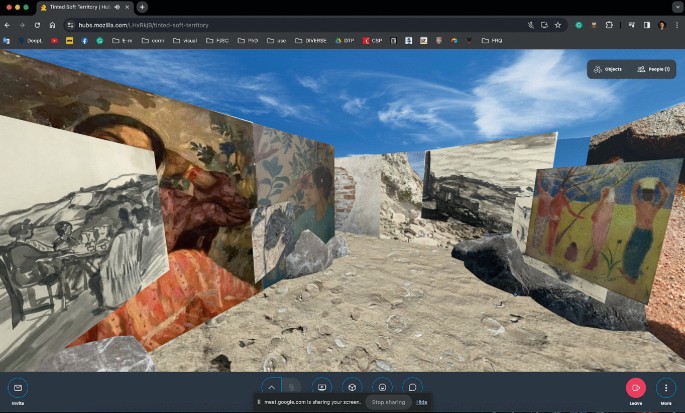 A screenshot of a browser window with the Mozilla Hubs V R environment. A maze has paintings on the walls along a rocky surface. The window is titled tinted soft territory. The bottom pane is lined with icons. The top right panel has options for objects and people.