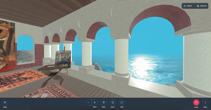 A screenshot of a V R environment with the interior view of Villa Storck's loggia. One wall has a large mural. Carpets, a table, and a painting on an easel are on the floor. The sea glistens in the distance, in between the arches with columns. The bottom pane of the screen is lined with icons.