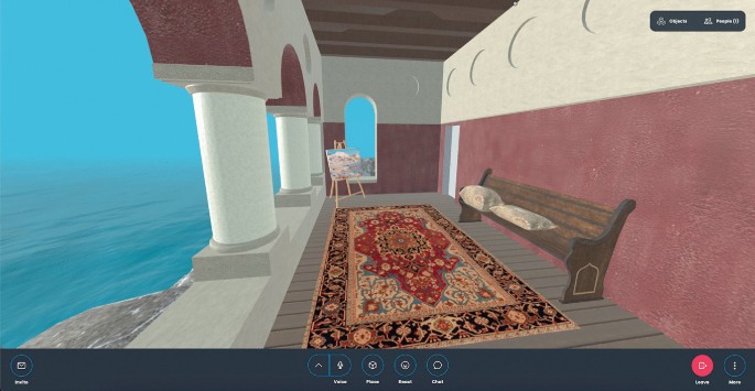 A screenshot of a V R environment with the side view of Villa Storck's loggia lined with arches and columns. A carpet, a bench, and a painting on an easel are on the floor. The sea is on the left with a stone cliff. The bottom pane is lined with icons. The top right panel has objects and people.
