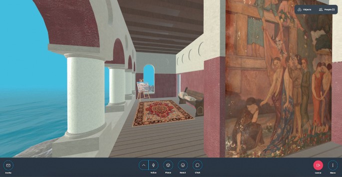 A screenshot of a V R environment with the side view of Villa Storck's loggia lined with arches and columns. A carpet, a bench and a painting on an easel are on the floor. The sea is on the left with a stone cliff. A wall with a large mural is in the foreground. The top panel has objects and people.