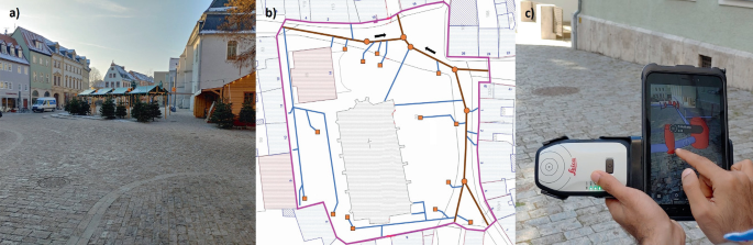 3 parts. a and c. Photographs. a. An open, paved public square with 2 or 3-storeyed houses on either side. b. A map with layout of waste and rain water pipes around the square. c. A person has a mobile phone with an attachment collecting geographically referenced information for digital model of the study area.