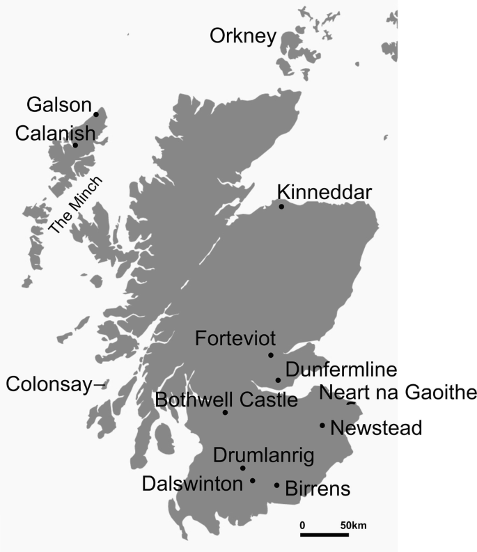 A map of Scotland with Orkney in the North, Dal Swinton in the South, Colonsay in the West and Neart na Gaoithe in the East.