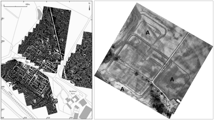 Two maps of the magnetometer survey and aerial photograph presenting good definition of the defenses outlining the fort and its annexes, the magnetometer data revealed more detail of the fort’s interior. The building blocks in the central sector, including two probable granaries and two courtyards, the main gates, roads, and distinct areas.