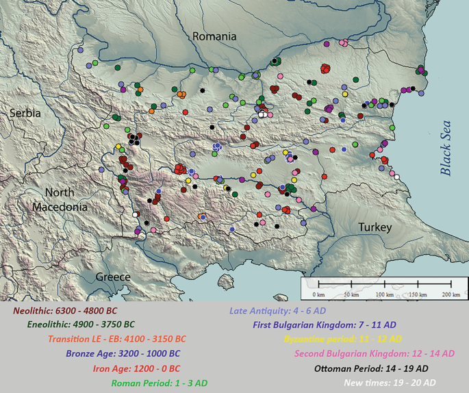 A map of Bulgaria highlights archaeological sites of the Neolithic, Eneolithic, Transition L E to E B, Bronze age, Iron age, Roman period, late Antiquity, First Bulgarian Kingdom, Byzantine period, Second Bulgarian Kingdom, Ottoman period, and New times.