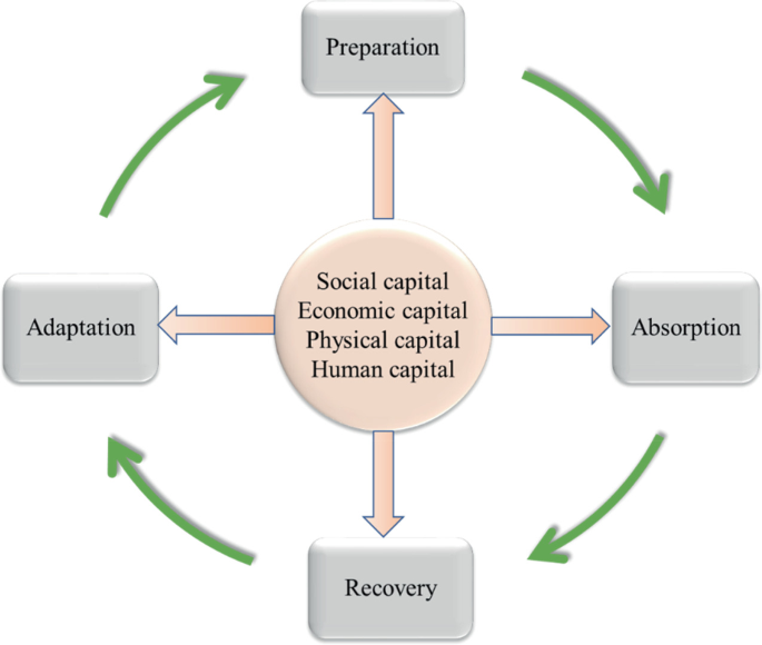 An illustration of social capital, economic capital, physical capital, and human capital includes preparation, absorption, recovery, and adaptation.