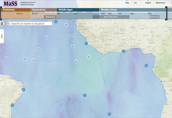 Ascreenggrab of an interface represents the map of coasts of Africa. It indicates data from prehistory, classical era, middle ages, and modern times for wrecking or archaeological confirmation of a vessel.
