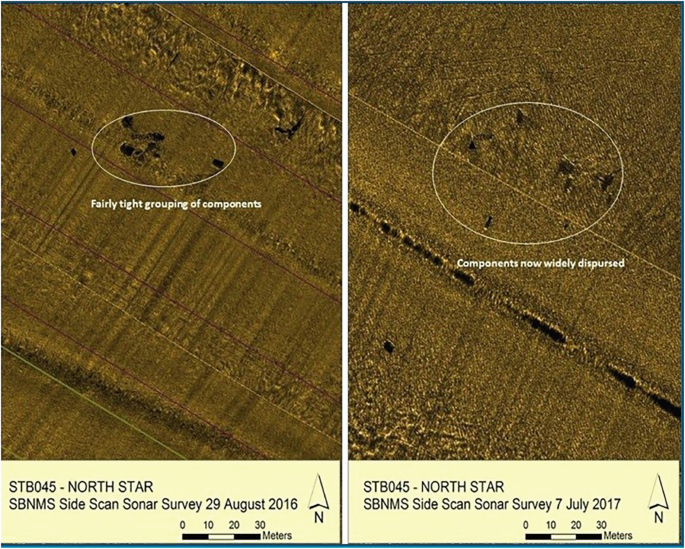 2 aerial sonar scans of the views of the North Star. The left view is taken on 29 August 2016. The components are located centrally, encircled with tight grouping. The right view is taken on 7 July 2017. The components are located centrally, encircled with widely dispersed components.