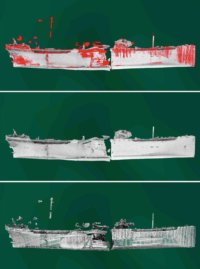 3 3 D models created from multibeam sonar data. The models have comparative data of changes between 2014 and 2019. In 2019, the debris starts disintegrating even further with increased crevices on the sides and top. The material starts thinning.