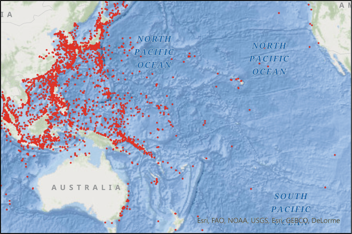 A map showing the locations of shipwrecks in the Asia Pacific region, indicating the areas as dots where marine pollution from W W 2 shipwrecks is a concern.