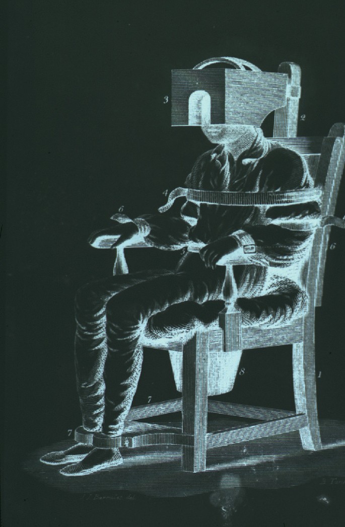 A painting of a man sitting in a tranquilizing chair, with his hands, legs, and arms secured by straps. A box-like structure around his head obscures his eyes.