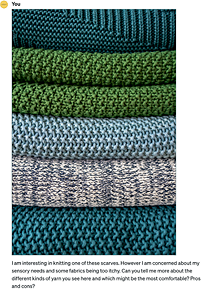 A screenshot of a photo that displays six types of fabrics with a caption requesting information on which yarn is more comfortable against itching, as well as the pros and cons of each type of yarn.