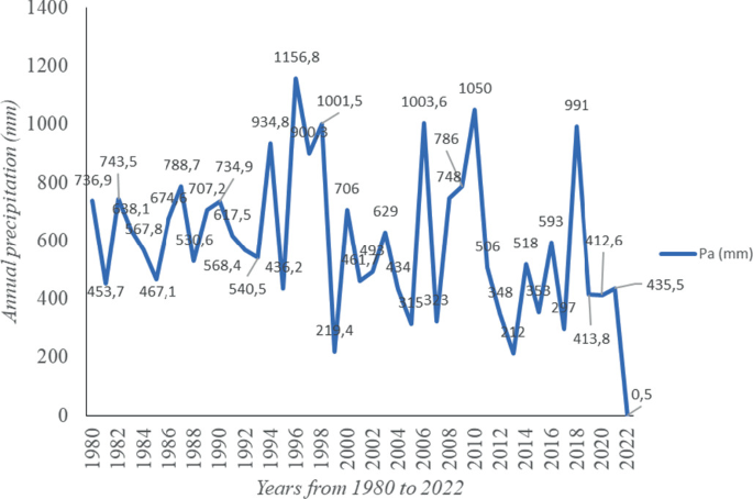 A line graph of annual precipitation versus years from 1980 to 2022. It plots a fluctuating line with values of precipitation indicated on peaks and dips. The maximum and minimum values of precipitation are (1996, 1156.8) and (2022, 0.5).