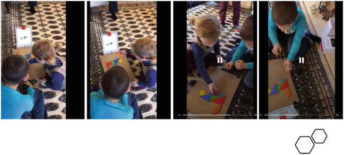 A collage of 2 photos captures two children playing with a puzzle followed by two videos of the children playing. They arrange the puzzle pieces by seeing a picture in front of them.