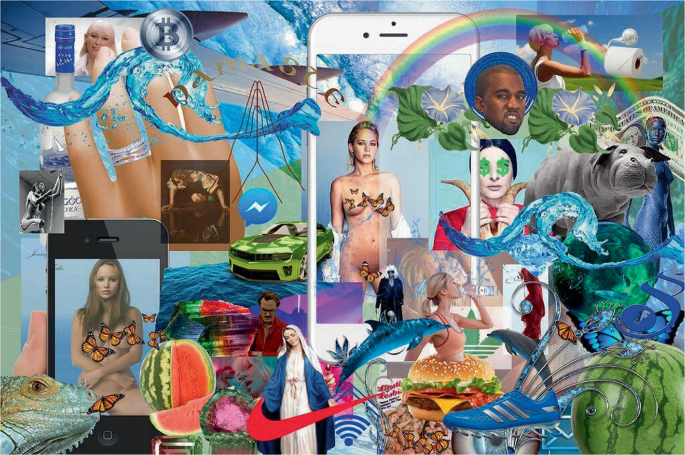 A collage of various overlapping images in the digital world. It includes Kanye West, bitcoin, Wi-Fi symbol, rainbow, toilet paper, shoes, watermelon, iPhone, burger, and others.