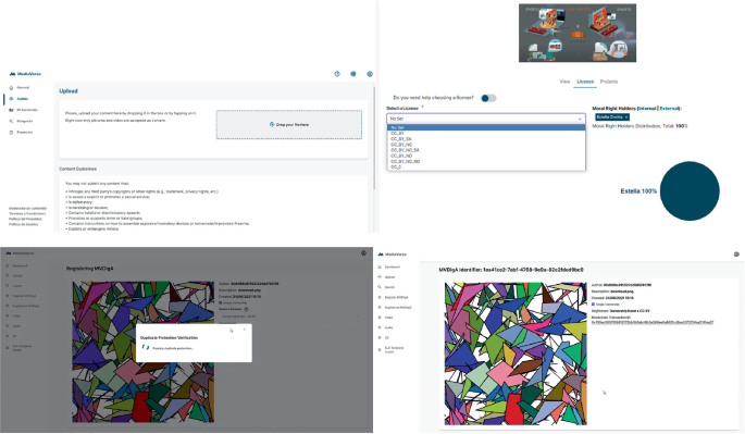 Four screenshots exhibit the sequence of the blockchain registration. They denote the interfaces for uploading a file, selecting a license, status of duplicate protection verification, and the final screen after the blockchain is registered.