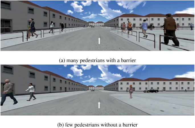 Two screenshots a and b of 2 videos represent many pedestrians walking on sidewalks with a barrier on either side of the roads of a T intersection, and a few pedestrians walking on sidewalks without a barrier on the roads of a T intersection.