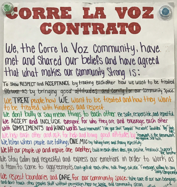 A photo of a pinned poster with handwritten text titled in a foreign language. The text emphasizes the qualities of respecting boundaries, inclusivity, upliftment, inspiration, teamwork, and caring for community space.