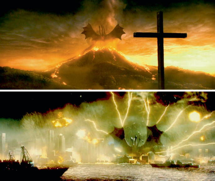 2 freeze-frames. Top. A 3-headed dragon spreads its wings atop a mountain with erupting volcano, a cross symbol is in the foreground. Bottom. A 3-headed dragon spreads its wings behind a row of buildings on the land, as lightning strikes it. In foreground there are 2 ships on the sea.
