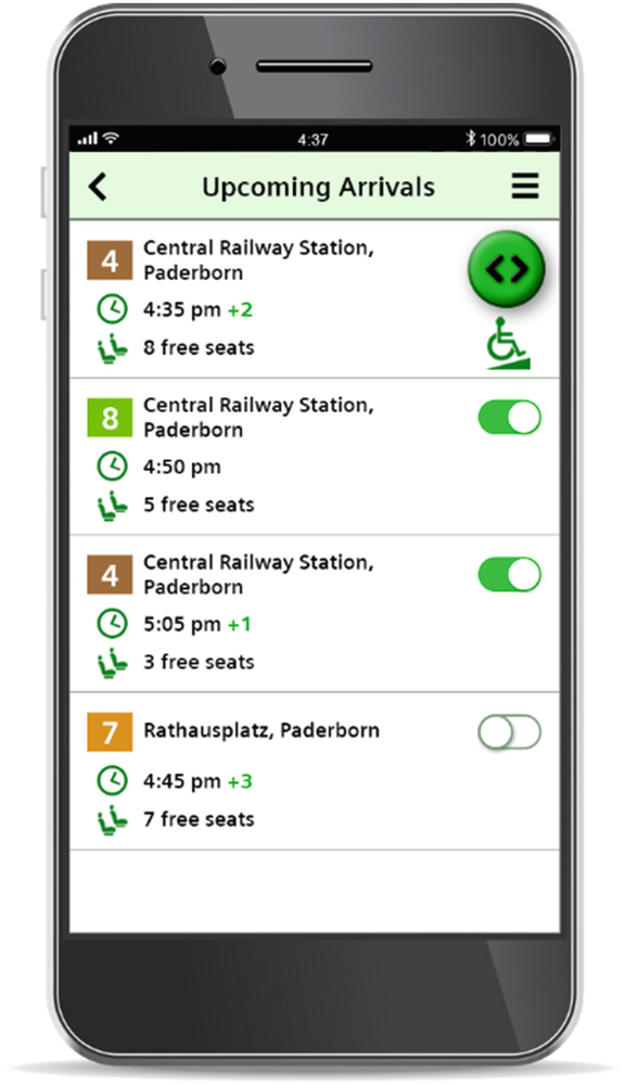 A screenshot of a mock-up for an accessible app. The text at the top reads upcoming arrivals. It is followed by 4 tabs with trains arriving on different times with available seat numbers.