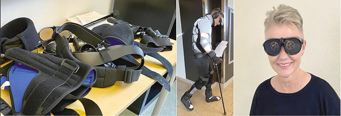 3 photographs. Left. A set of wearable gear. Center. A man wearing suit components, has a walking cane and papers in hand. Right. A woman wearing a simulating glass.