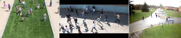 Three photographs. In 1 and 2, a group of people are running. In 3, there are people walking on the road, and there is grass on both sides of the road.