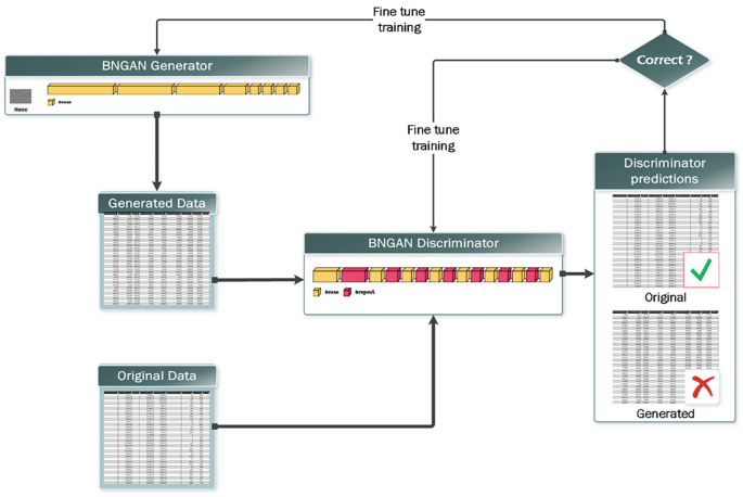 A schematic diagram of the B N G A N model presents original data that goes through the B N G A N discriminator to the discriminator predictions. If the data is correct, then it goes through fine-tune training, and then the B N G A N generator gets generated data, which further goes through B N G A N.