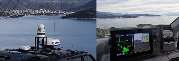 2 photographs of the surveillance equipment. Left. A camera, a sensor, and antennas are installed on the H C G patrol van. Right. A monitoring screen to observe activities.