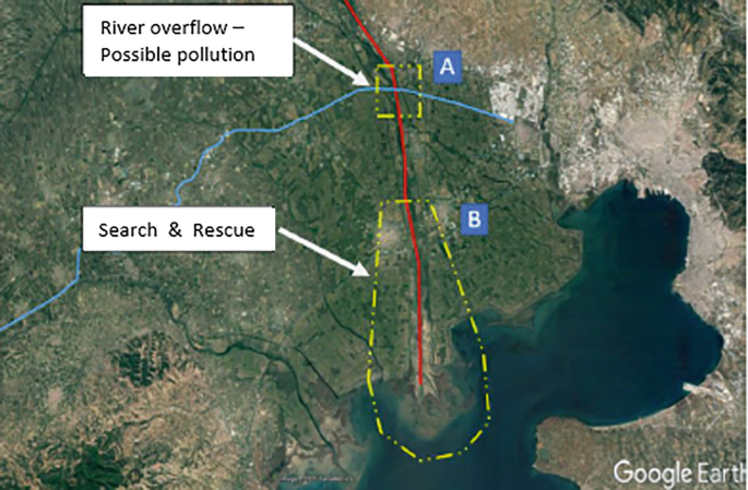 A map of the wider Greek pilot area. It has two points of interest. The first is the overflow of a river due to flooding. The second is the search and rescue activities area.