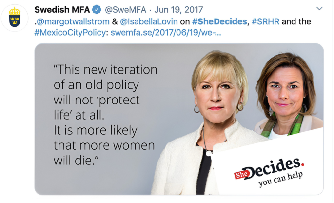 A screenshot of a post from Swedish M F A with hashtags below. The poster below has photos of Margot and Isabella Lovin with the quote reads this new iteration of an old policy will not protect life at all. It is more likely that more women will die. The hashtag reads she decides you can help.