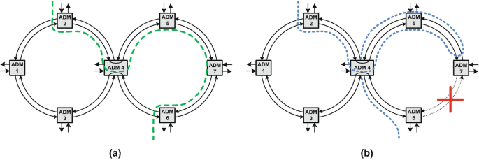 Two schematics have 2 concentric network rings. Each schematic consists of nodes marked A D M 1 to 7 interconnected with clockwise and counterclockwise arrows. A dashed curve passes along A D M 2 to 7. A cross sign is between A D M 6 and 7 in the second schematic.