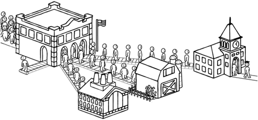 A sketch diagram of buildings connected with a conveyor belt and people going from one place to another with the help of belts.