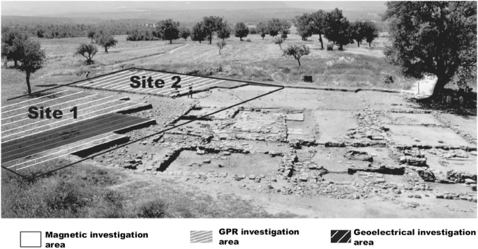 A wide shot of Masseria Nigro adjacent to an open field with scattered trees. One side is labeled as the magnetic investigation area where site 1 has G P R and geoelectrical investigation areas while site 2 only has the former.