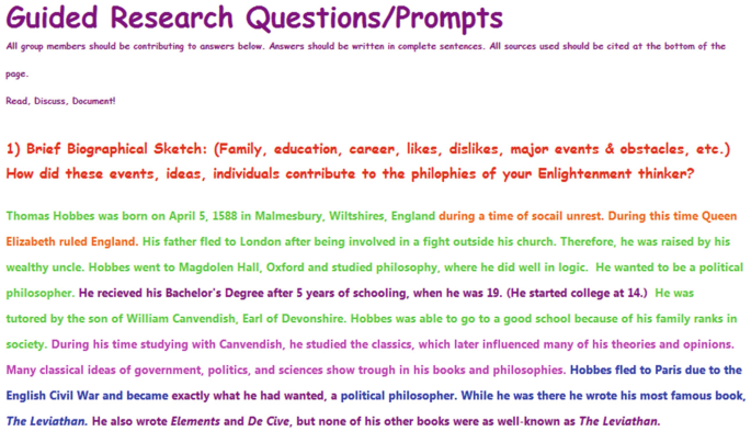 A screenshot has the title guided research questions slash prompts. It presents a question and responses in a color-coded format.