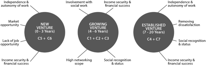 Three circles each pointing to 4 logic or conditions. The groups are 1. new venture 0 to 3 years, C 5 plus C 6, 2. growing venture 4 to 6 years, C 1 plus C 2 plus C 3, and 3. established venture, 7 to 20 years, C 4 plus C 7.