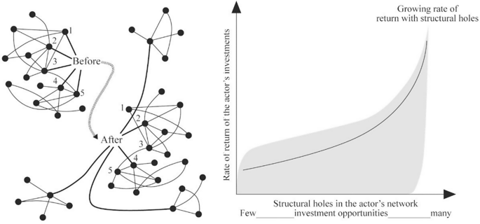 A network of structural holes, and a graph of the rate of return of the actor's investments versus structural holes in the actor's network. It plots an increasing trend. The network illustrates a procedure with before and after structures.