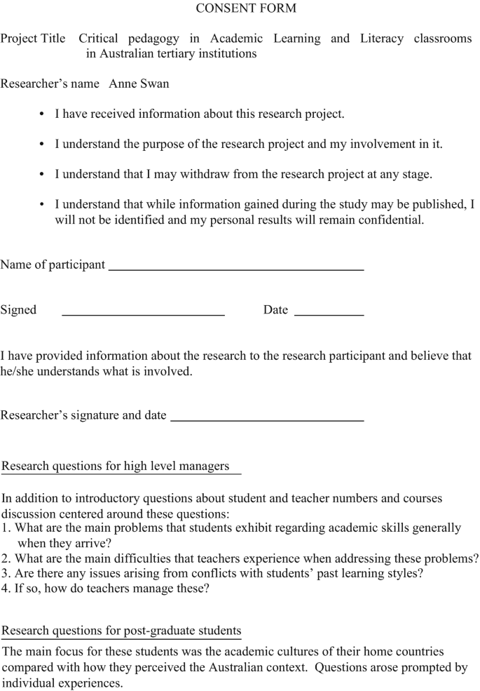 A consent form about the receipt of information about ersearch and understanding the purpose. There are 4 research questions for high level managers and questions for post-graduate students.