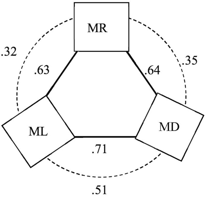 An illustration between M R, M L, and M D. They are connected with lines and curves. M R is linked to M D with a line labeled, .64 and with a curve labeled, .35. M D is linked to M L with a line labeled, .71 and with a curve labeled, .51. M L is linked to M R with a line labeled, .63 and with a curve labeled, .32.