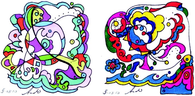 A set of two colorful drawings with various shapes and patterns.