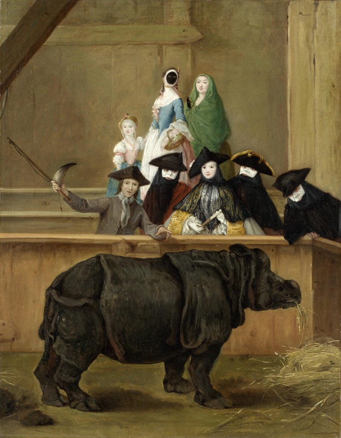 An Exhibition of a Rhinoceros eating hay. Her keeper carries a whip and displays a horn of a bull instead. There are disguised Venetian nobles near the Rhinoceros.