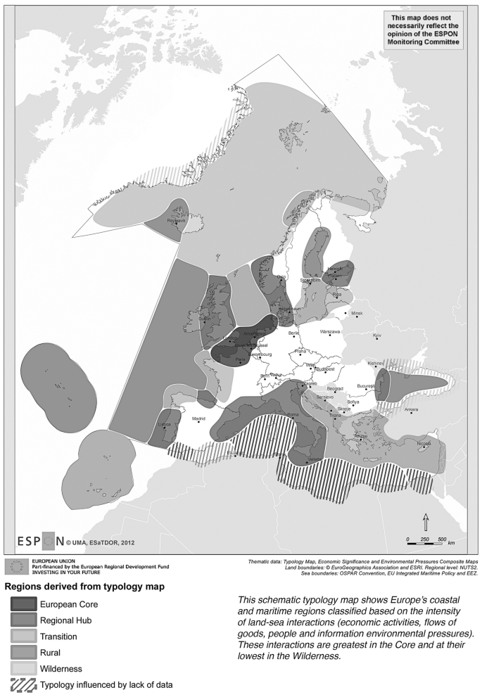 A map depicts coastal and maritime regions of Europe based on the intensity of land-sea interactions, with six legends of regions derived from a topology map.