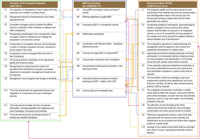 A chart of the three principles of the ecosystem, M S P, and I C Z M with numerous approaches that are heavily interconnected among the three principles.