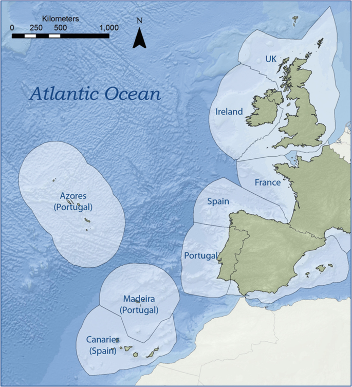 A map represents the region of the Atlantic Ocean and a few countries encircled by a layer.