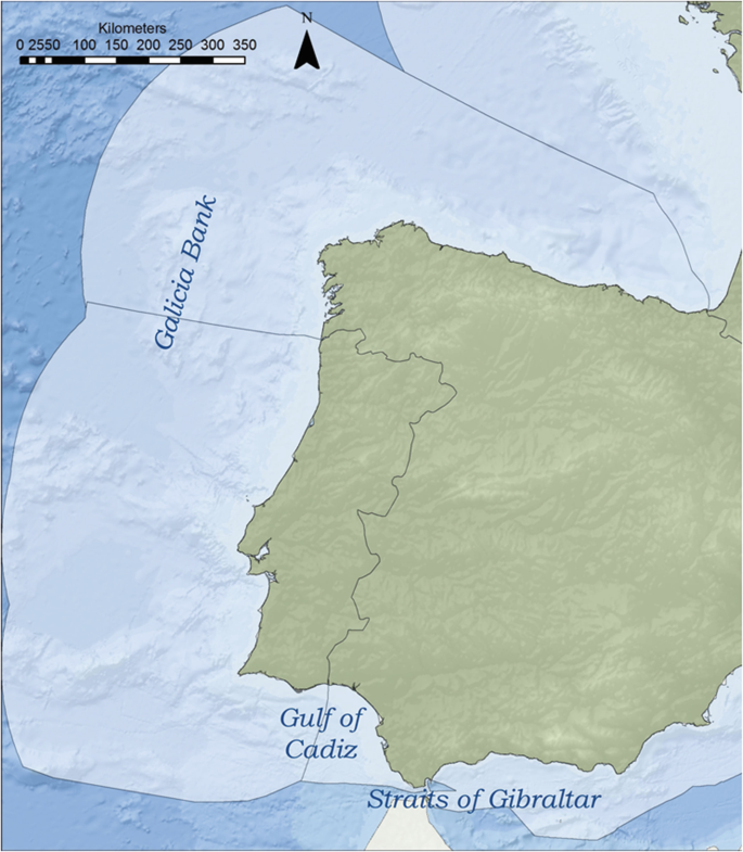 A map presents the regions of Spain and Portugal surrounded by the Galicia bank, the gulf of Cadiz, and the straits of Gibraltar.