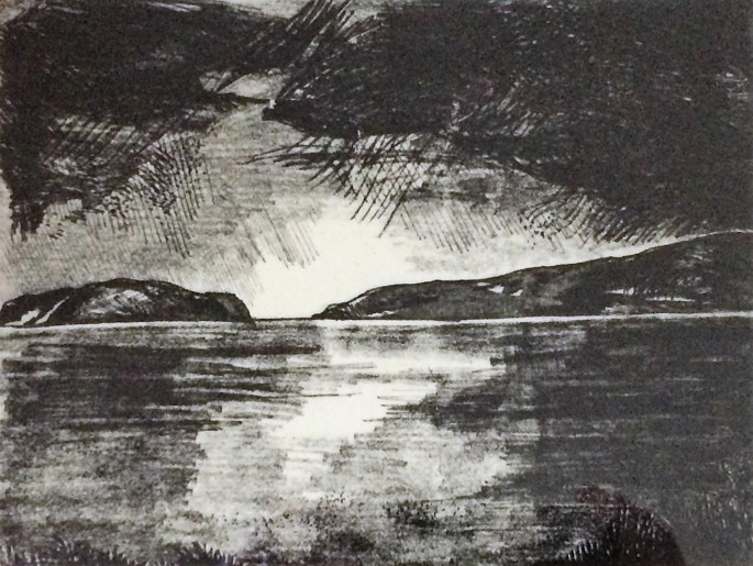 A sketch of a sea with tall trees and hills.